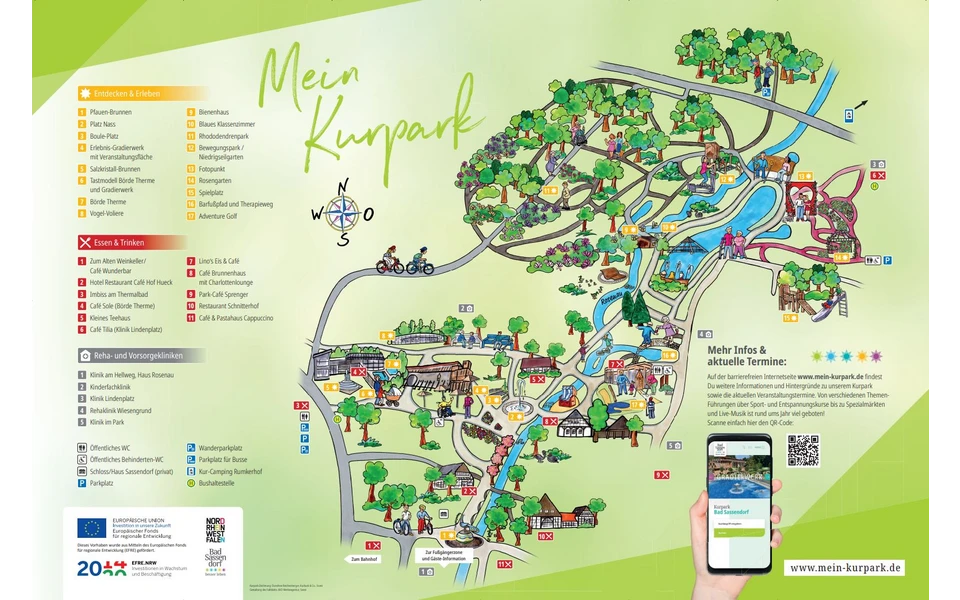 Das Bild zeigt die gezeichnete Kurpark-Entdeckerkarte mit vielen Erlebnispunkten und Gastronomieangeboten.